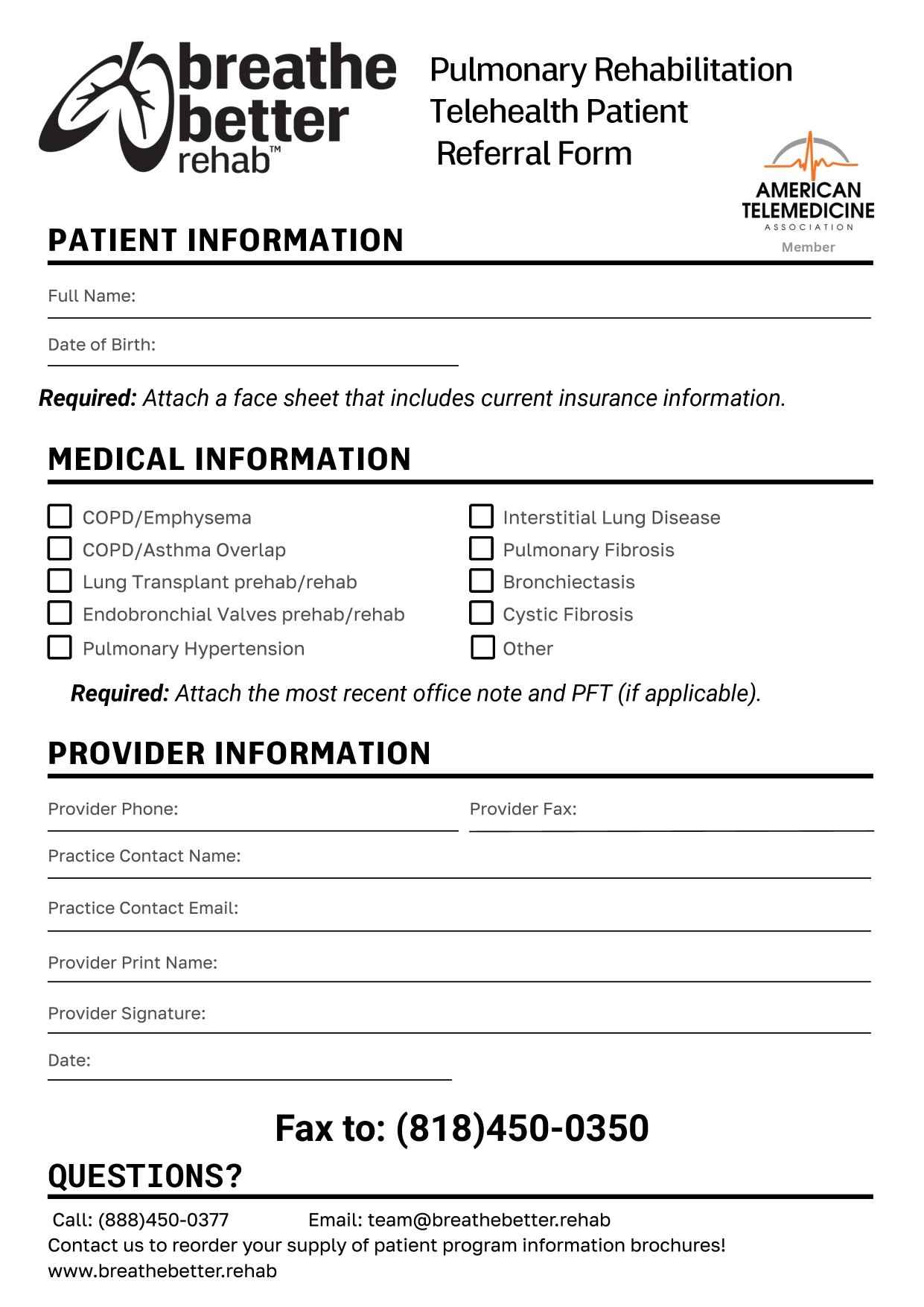 A pulmonary rehabilitation telehealth referral form with sections for patient info, medical information (checkboxes for lung conditions), provider info, and fax details for Breathe Better Rehab. Includes contact information at the bottom.