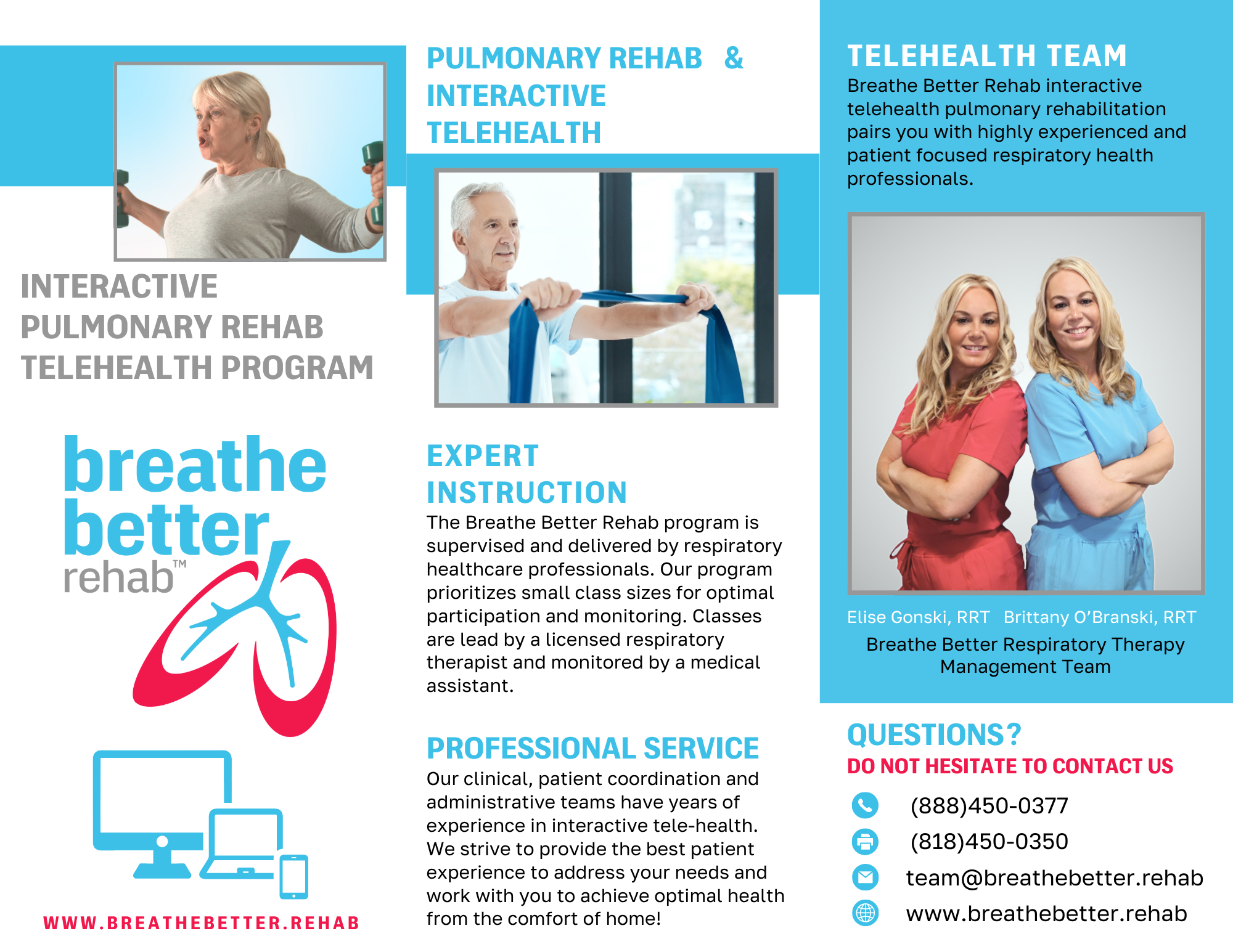 Informational flyer for Breathe Better Rehab® featuring details about pulmonary rehab, telehealth services, team photos, contact information, and a lung illustration with the company logo. Two women in blue tops stand smiling, arms crossed.