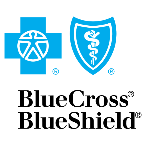 Blue Cross Blue Shield logo featuring a blue cross with a human figure inside and a blue shield with a staff and serpent symbol, along with the company name below.