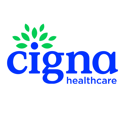 Cigna logo featuring a stylized blue figure with green leaves forming a tree above it, next to the blue word "cigna" and the word "healthcare" in smaller blue text.