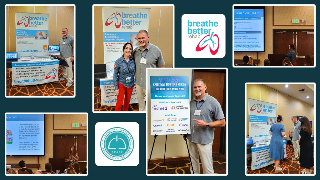Collage of a Breathe Better Rehab booth at the APAPP Regional Meeting in Denver, Colorado, featuring Bryan Miller at their table, a session presentation, and a poster listing event sponsors and exhibitors in a hotel meeting room.
