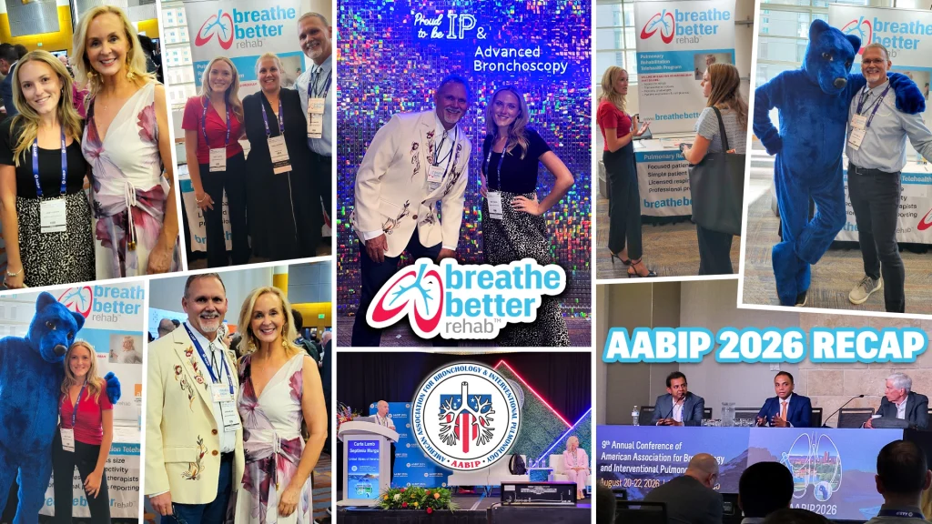 Collage of the AABIP 2026 conference with Breathe Better Rehab. Includes group photos, a blue bear mascot, booths, a discussion panel, and presentation banners, highlighting professional networking and presentations.
